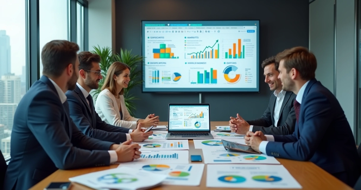 Gestores de entidade de classe analisando gráficos de mercado em mesa de reunião