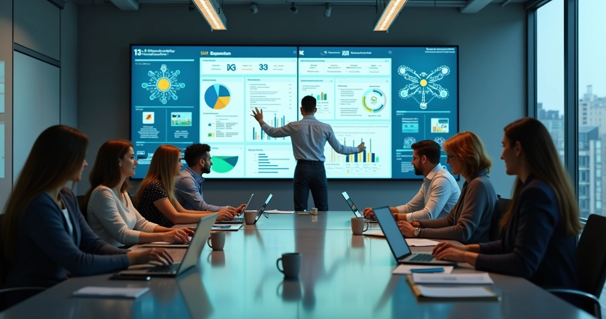 Líder apresentando painel digital para grupo diverso em reunião de entidade associativa