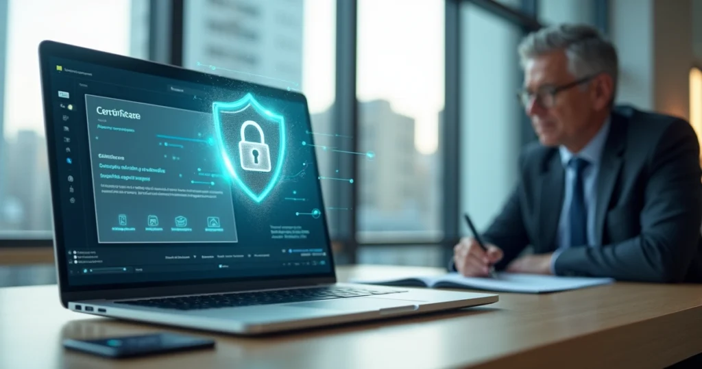 Gestor de entidade de classe usando certificado digital no computador ao lado de cartão criptográfico e cadeado virtual