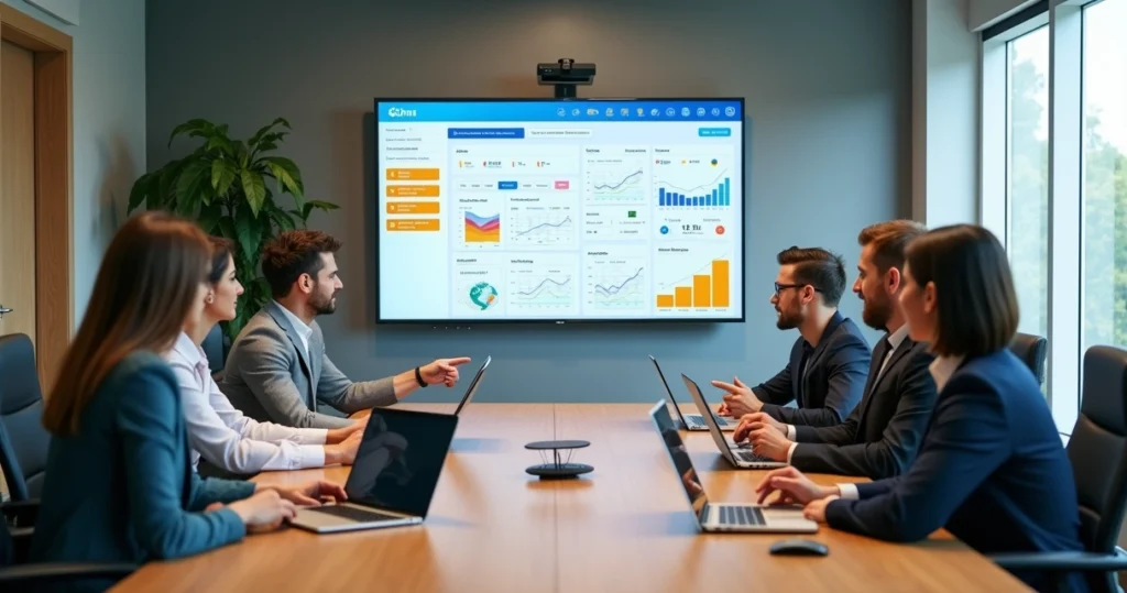 Gestores de entidade analisando painel CRM em grande tela com dados de associados