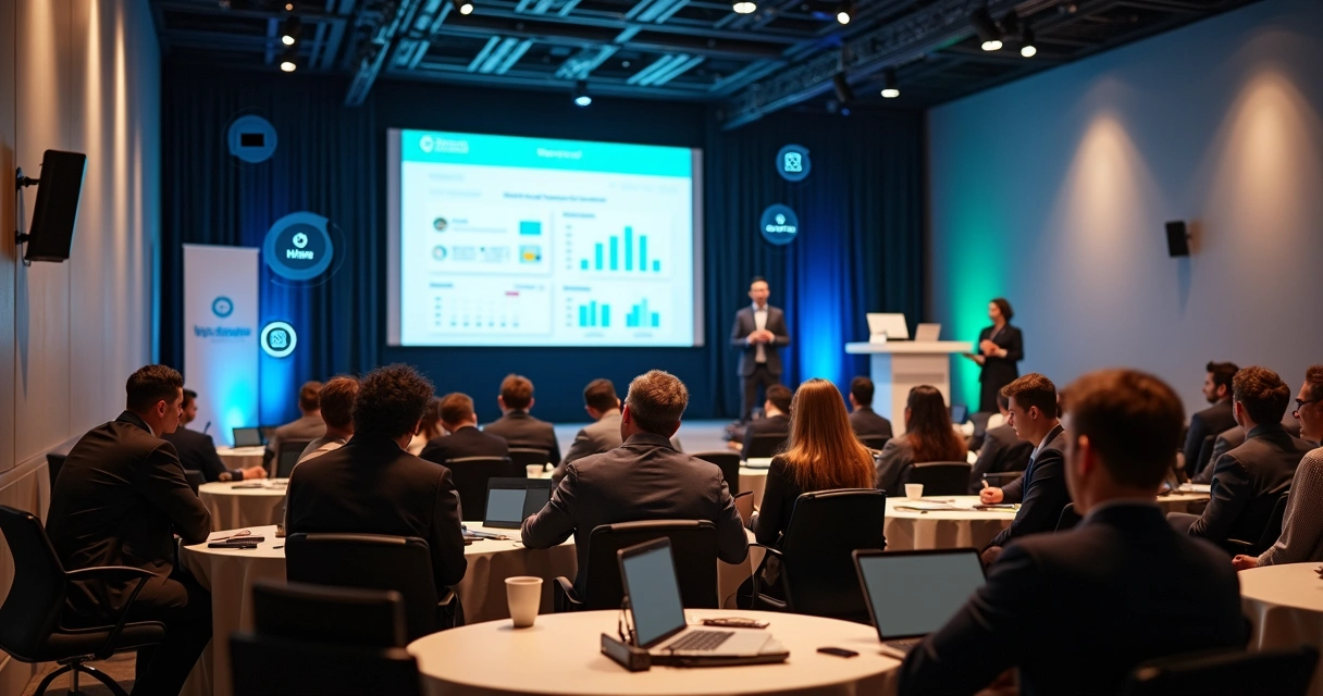 Auditório moderno com evento corporativo de entidade de classe em andamento