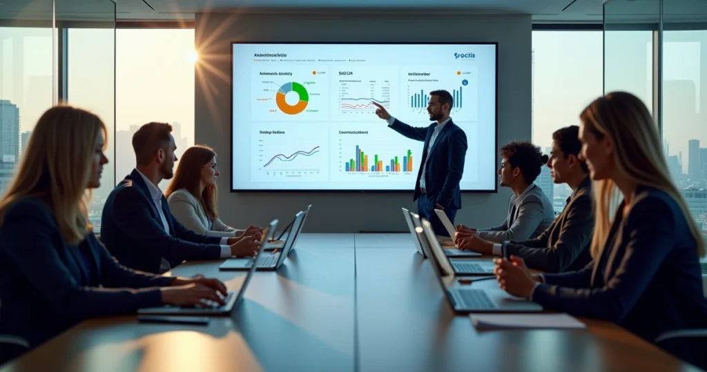 Líder apresenta painel de gestão em telão para membros de associação em reunião moderna
