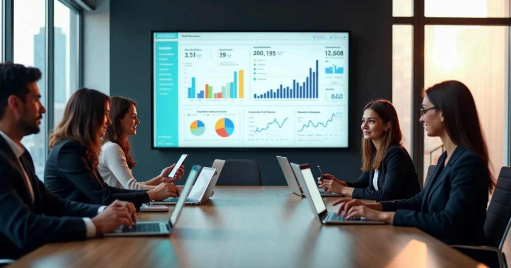 Gestores em reunião analisando painel digital de gestão comercial integrado