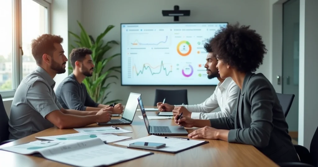 Gestão de contas a pagar em associação com painel financeiro digital e equipe analisando relatórios