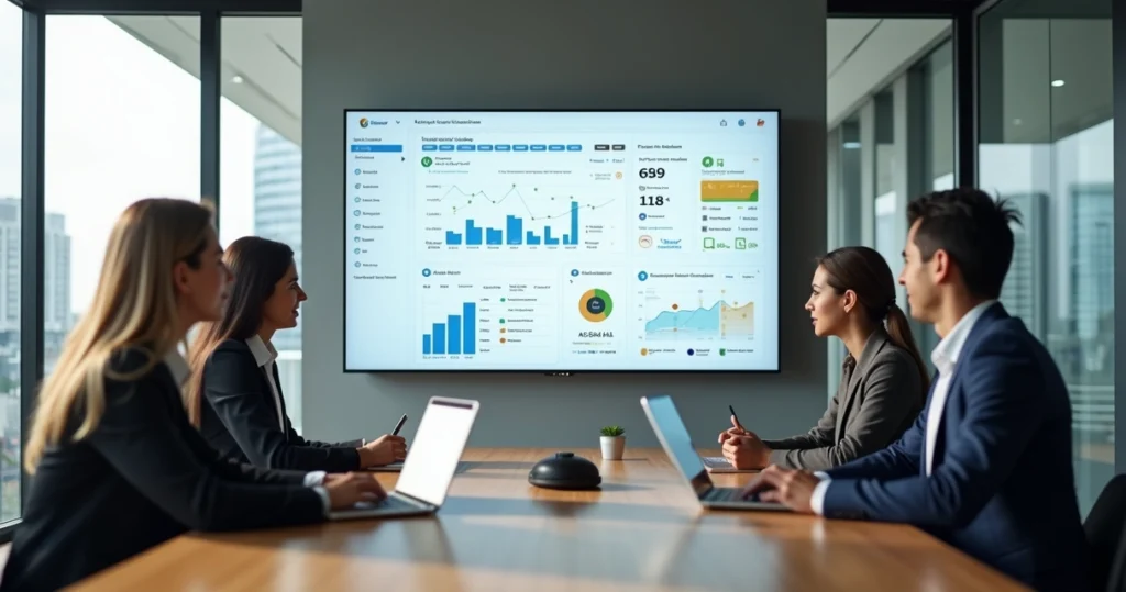 Gestores de entidade de classe analisando painel digital de gestão integrada