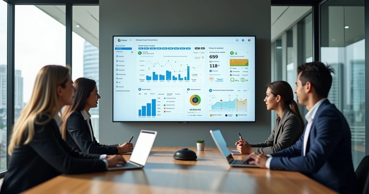 Gestores de entidade de classe analisando painel digital de gestão integrada