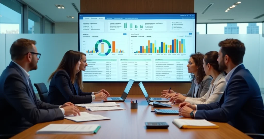 Diretoria analisando painel financeiro digital em associação de classe