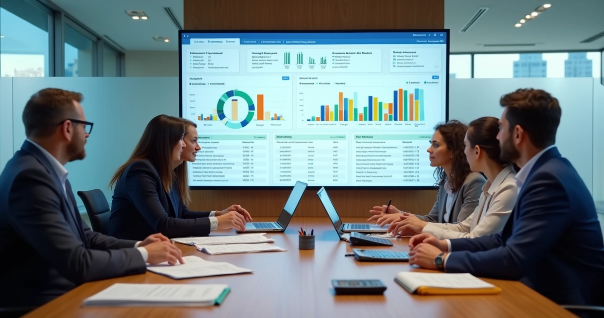 Diretoria analisando painel financeiro digital em associação de classe