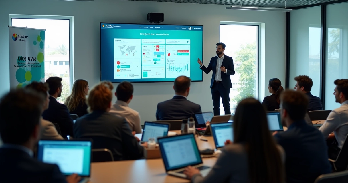 Palestra em associação comercial com telão exibindo painel de plataforma digital de gestão