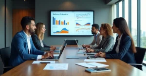 Empresários analisando gráficos sobre reforma tributária em um escritório moderno