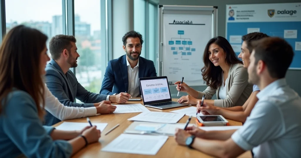 Mesa de reunião com pessoas formalizando criação de associação com documentos e laptop