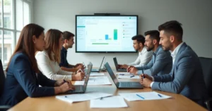 Liderança de associação revisando regulamento interno em reunião profissional