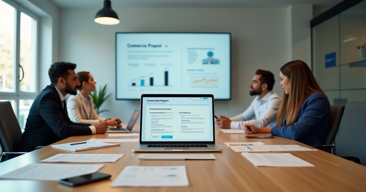 Equipe de associação analisando proposta comercial digital em reunião profissional