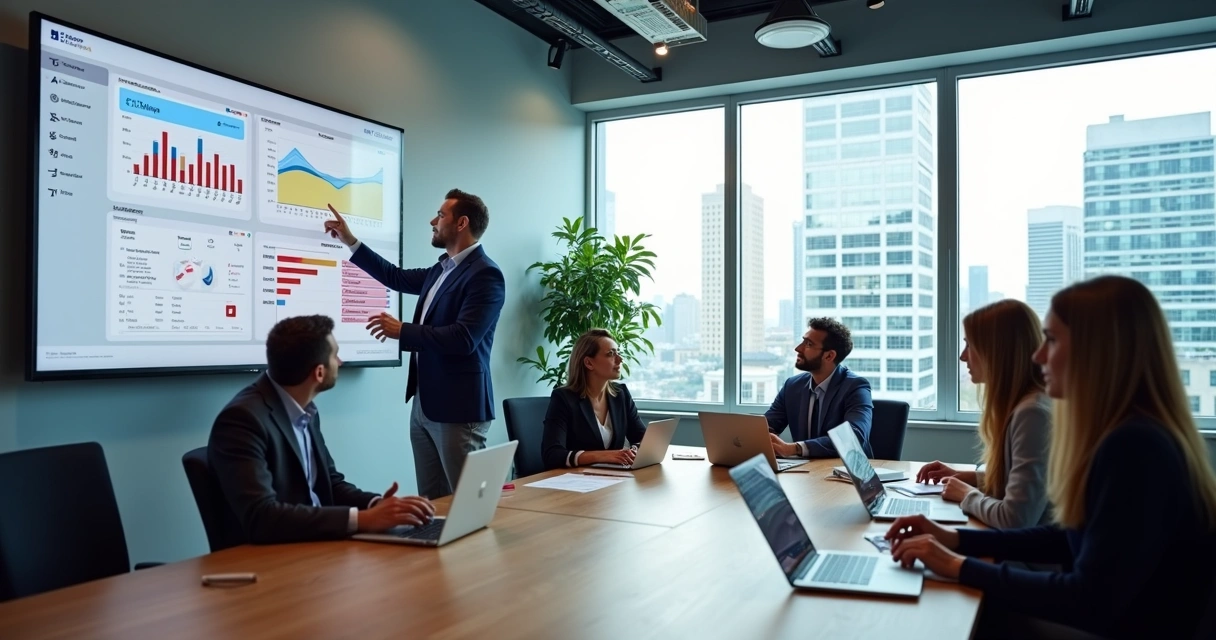 Líder sindical usando painel digital para gestão de associados em escritório moderno